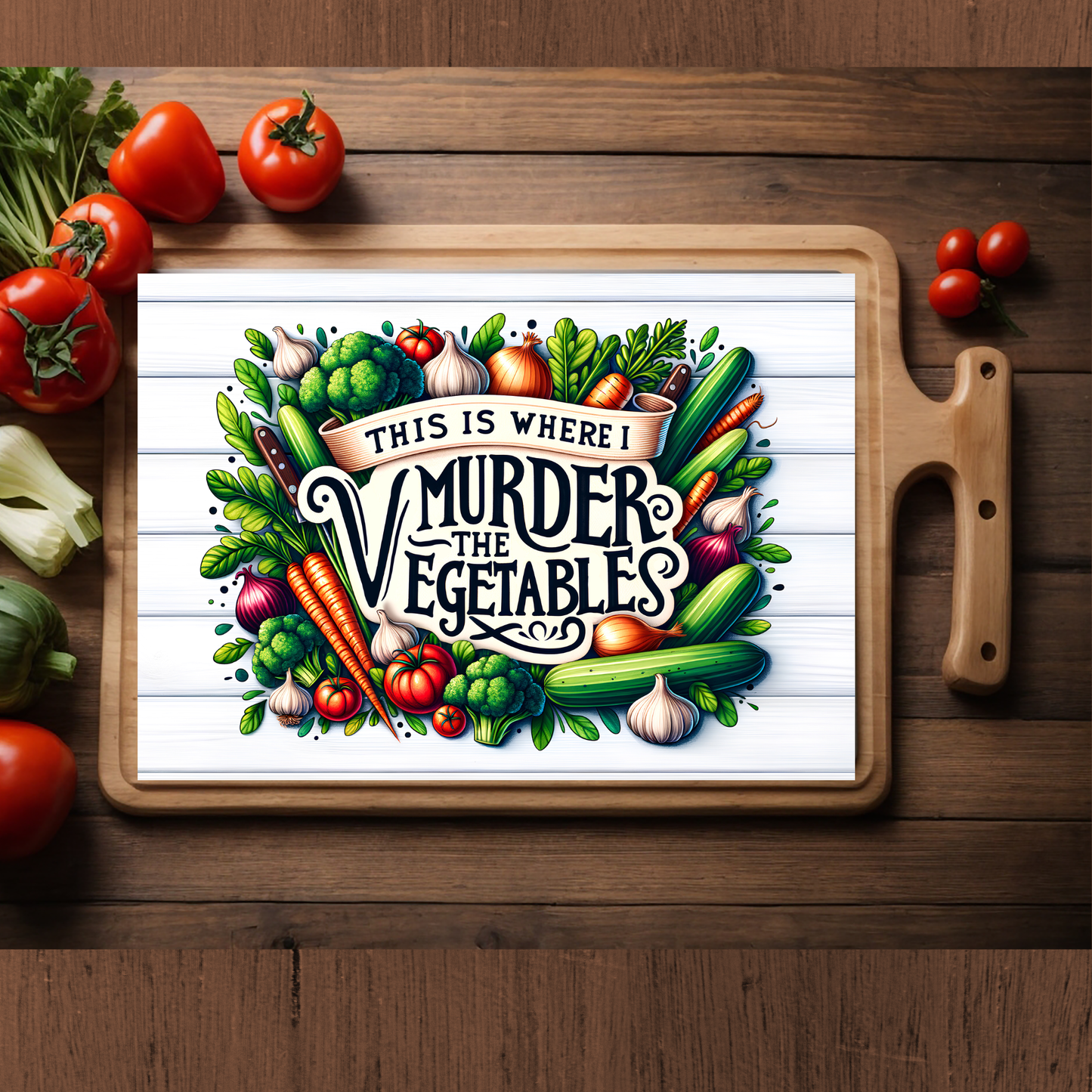 Murder the Vegetables Glass Cutting Board