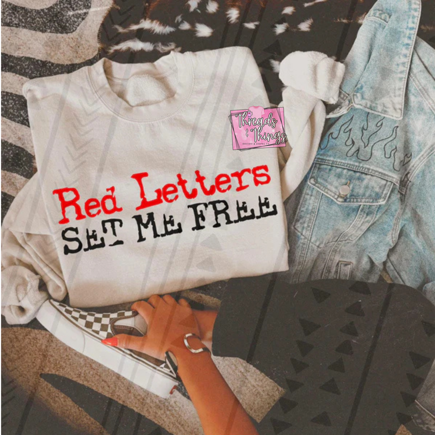 Red Letters Set Me Free DTF Crewneck Sweatshirt