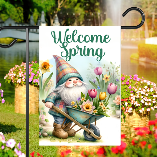 Welcome Spring Gnome Garden Flag