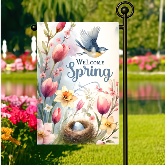 Welcome Spring Bird and Nest Garden Flag