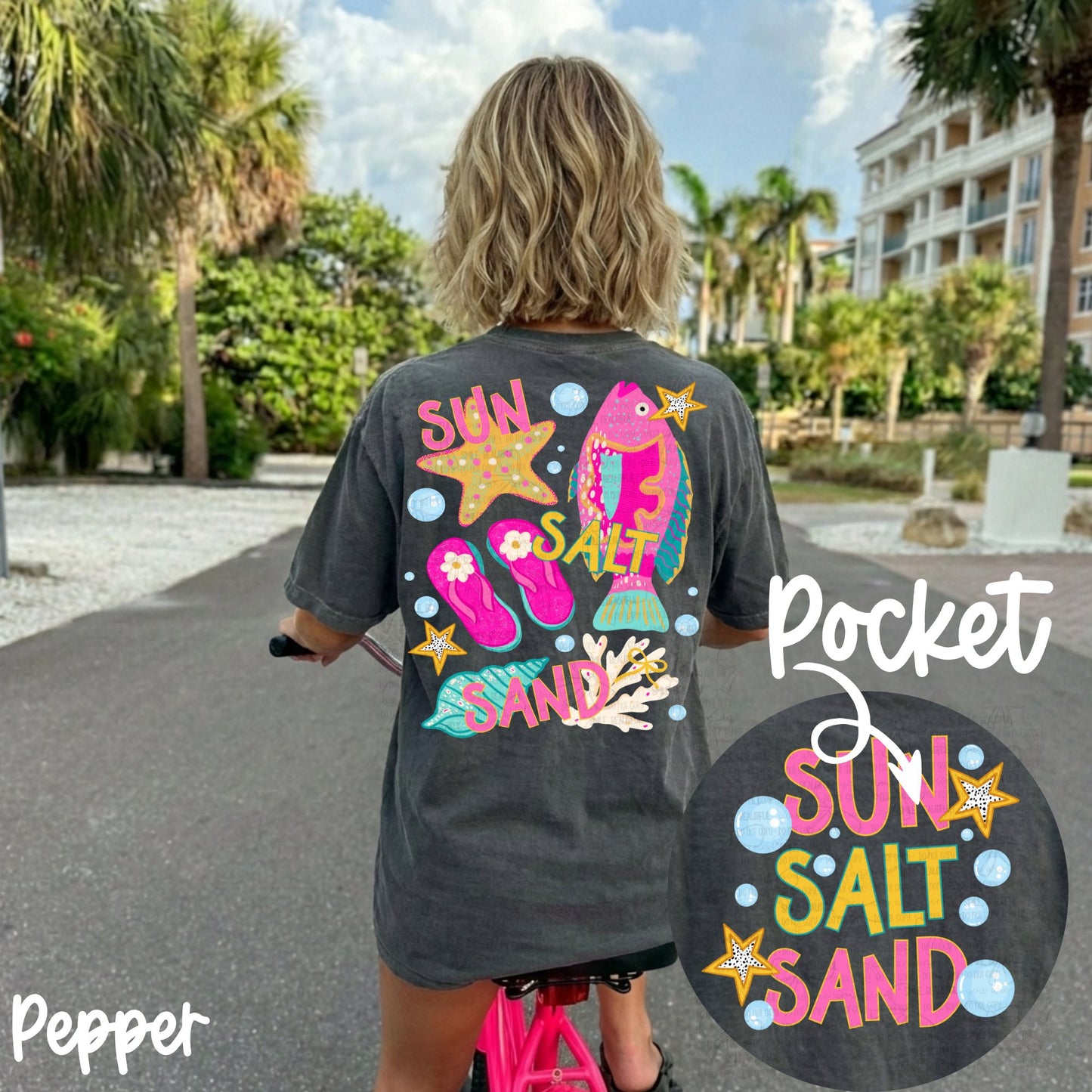 SUN, SALT, SANDD DTF FTshirt with Front & Back Designs