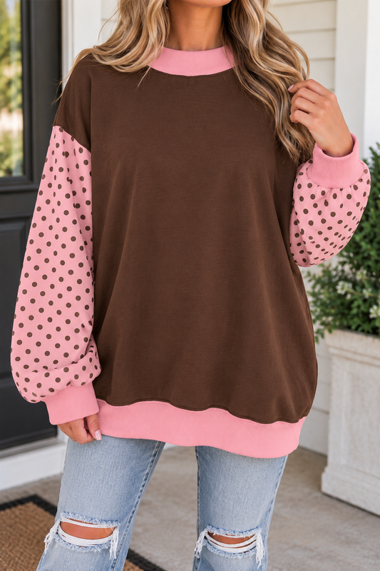 Brown Colorblock Polka Dot Sweatshirt
