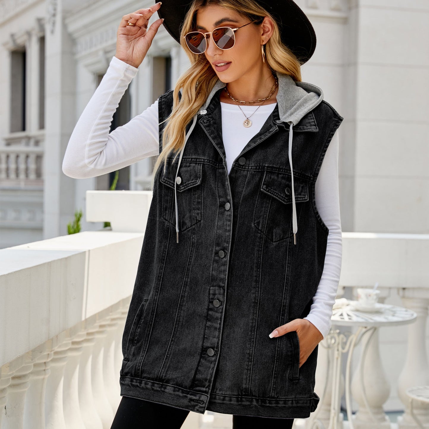 RTS: The Sideline Denim Vest with Detachable Hood