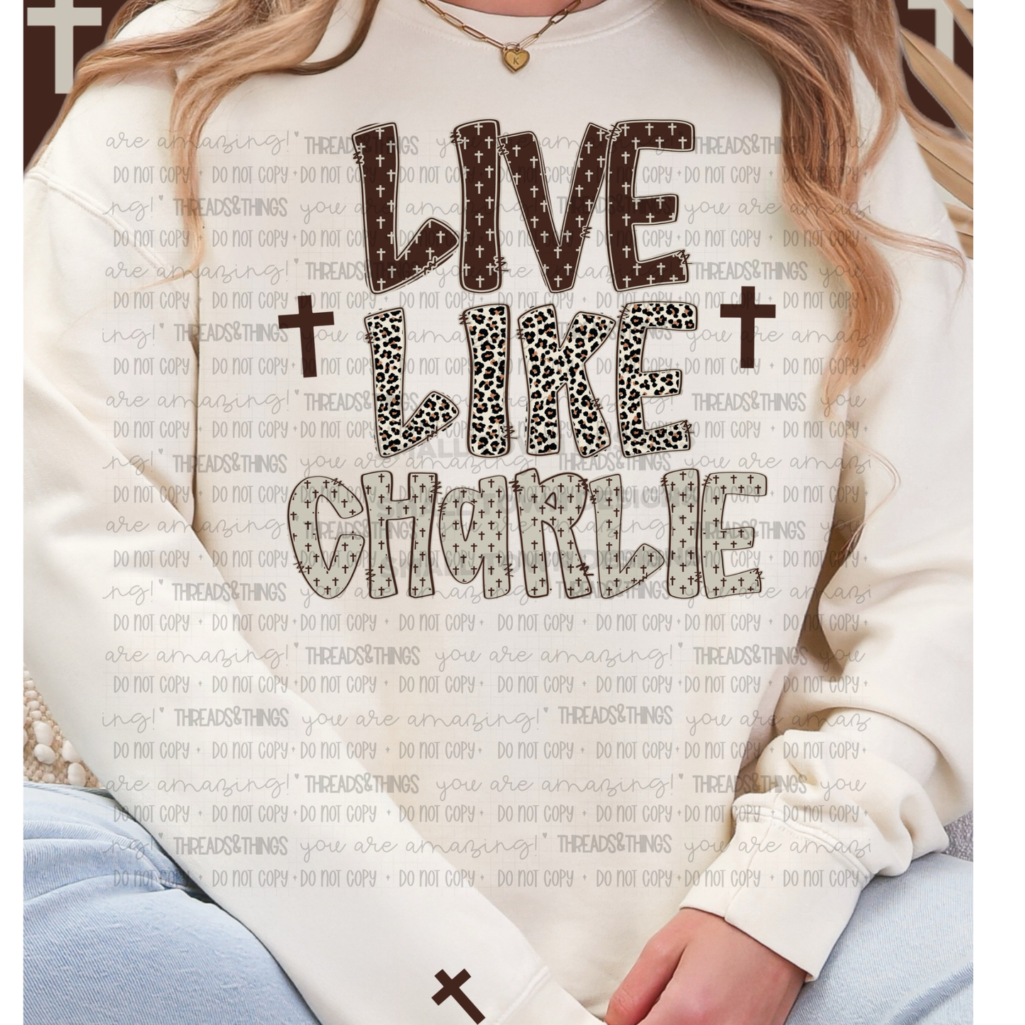 Live Like Charlie Crewneck Sweatshirt, DTF , with accent sleeve design