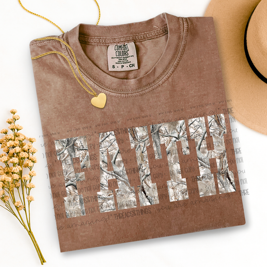 Faith Camo Print DTF on Comfort Colors Espresso Tshirt