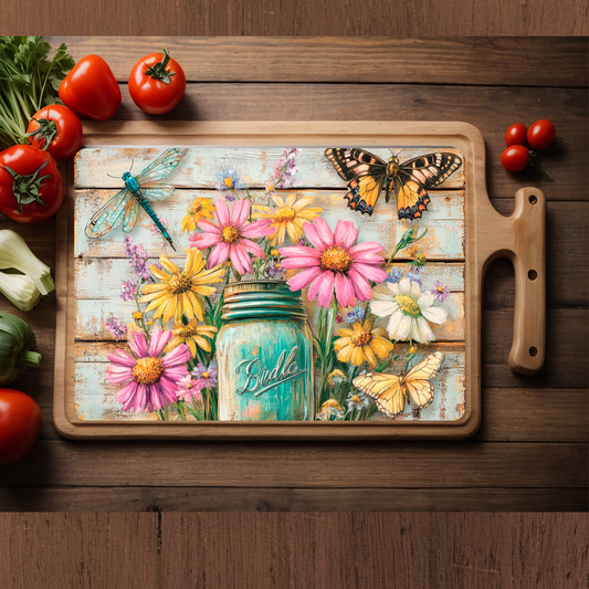 Mason Jar Flowers Glass Cutting Board