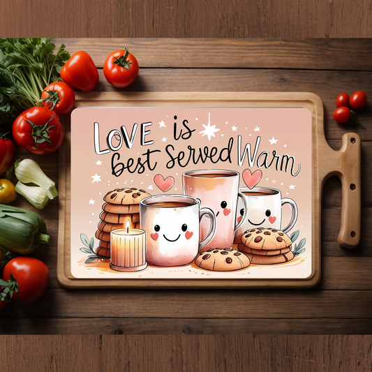 Love is Best Served Warm Glass Cutting Board