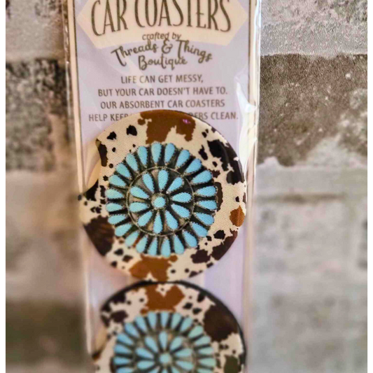 Western Teal & Cow Hide Car Coasters