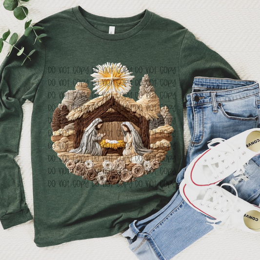 Nativity Faux Yarn DTF Transfer Long Sleeve Tee