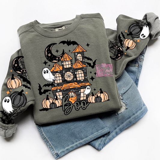Boo Haunted House Crewneck Sweatshirt with Sleeve Accents