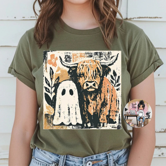 Boho Ghost And Highland Cow Pals Tshirt