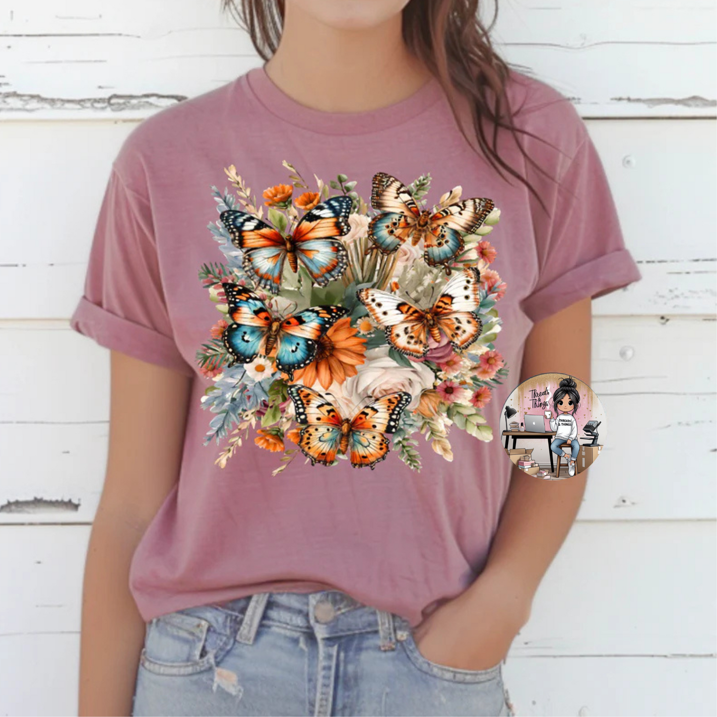 Butterflies and Boho Florals DTF transfer Tshirt