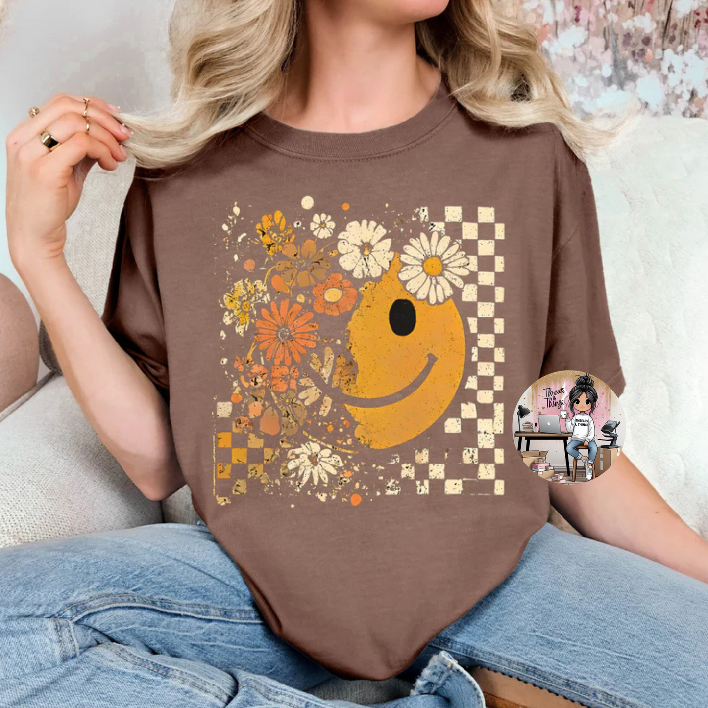 Distressed Grunge Checkered Flower Smiles Tshirt